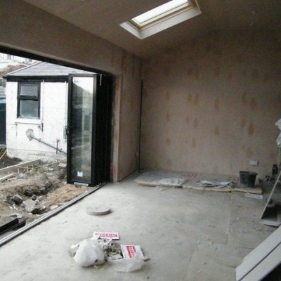 Kitchen extension newly plastered