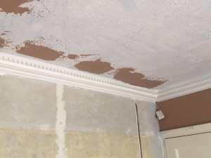 Holes and cracks in Artex ceiling filled and mesh added for strength .prepared for skim coat